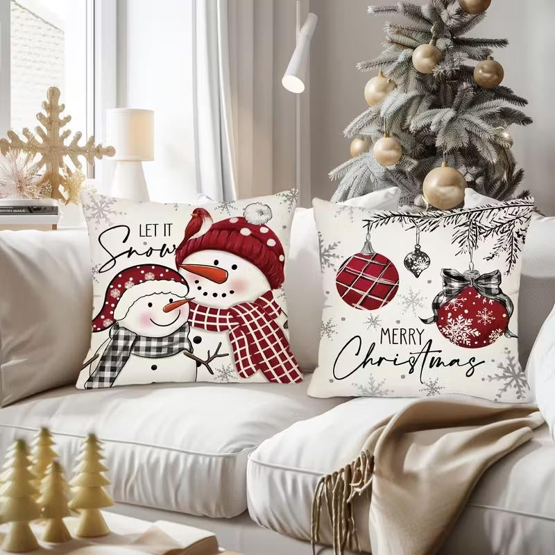 4Pcs Set of 18X18 Inch Christmas Throw Pillow Covers, Winter Holiday Cushion Case Decoration, Snowman&Christmas Tree Designs, Zipperclosure,Linen,Merry Christmas Decor 2025 for Home, Couch, Sofa, Living Room – No Inserts Included