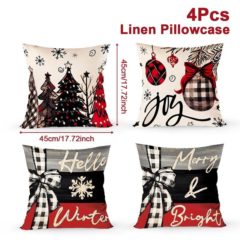 4Pcs Set of 18X18 Inch Christmas Throw Pillow Covers, Winter Holiday Cushion Case Decoration, Snowman&Christmas Tree Designs, Zipperclosure,Linen,Merry Christmas Decor 2025 for Home, Couch, Sofa, Living Room – No Inserts Included