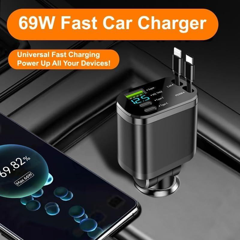 5-In-1 Retractable Car Charger, 69W Fast Charging, with 2X Retractable Cords [Lightning + Type-C], 2 Type-C Ports, and 1 Type-A Port