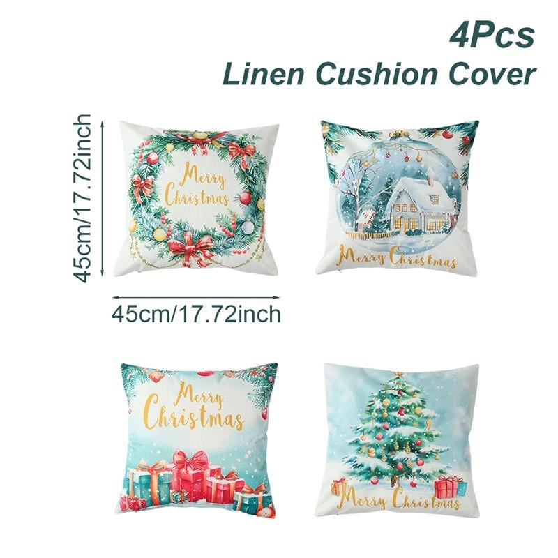 4Pcs Set of 18X18 Inch Christmas Throw Pillow Covers, Winter Holiday Cushion Case Decoration, Snowman&Christmas Tree Designs, Zipperclosure,Linen,Merry Christmas Decor 2025 for Home, Couch, Sofa, Living Room – No Inserts Included