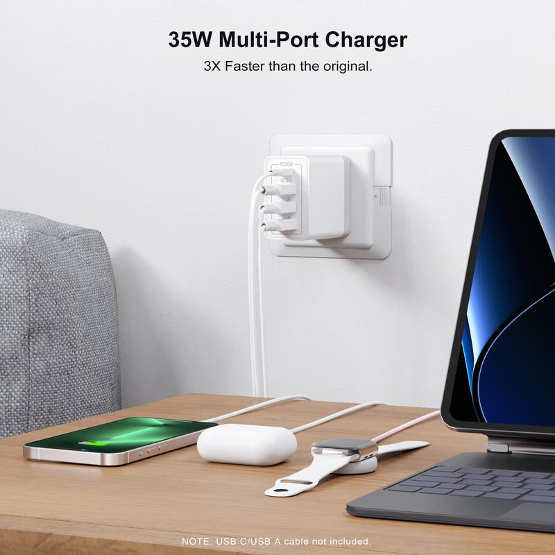 3 Pack USB C Wall Charger Block, 4Port PD+QC Fast Charge Power Adapter, Type C Charging Brick Cube Plug for Iphone 16 12 13 14 15 Pro Max Plus, XS/XR/X, Ipad/Airpods Pro, Samsung, Google, Tablet, Android(White)