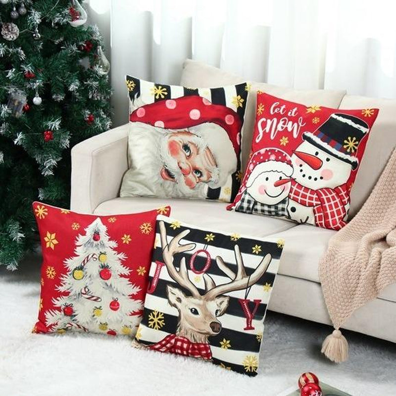 4Pcs Set of 18X18 Inch Christmas Throw Pillow Covers, Winter Holiday Cushion Case Decoration, Snowman&Christmas Tree Designs, Zipperclosure,Linen,Merry Christmas Decor 2025 for Home, Couch, Sofa, Living Room – No Inserts Included