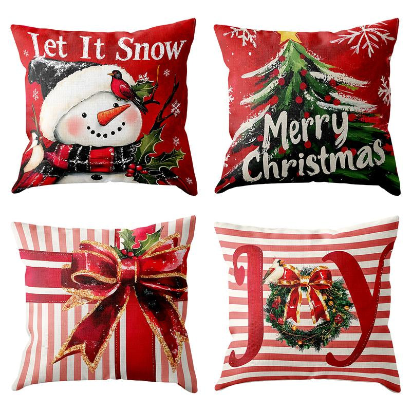 4Pcs Set of 18X18 Inch Christmas Throw Pillow Covers, Winter Holiday Cushion Case Decoration, Snowman&Christmas Tree Designs, Zipperclosure,Linen,Merry Christmas Decor 2025 for Home, Couch, Sofa, Living Room – No Inserts Included
