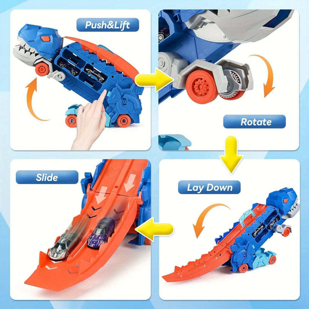 The Transport Dinosaur Truck Folds and Slides 25 Inches onto the Track, Turning Four Alloy Buggies into Standing Tyrannosaurus