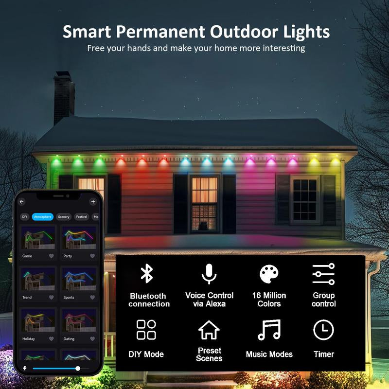 1 Pack Permanent DIY Outdoor Light That Can Be Controlled by App/Voice/Remote. RGB Smart Eaves Light, IP67 Waterproof. Suitable for Year-Round Outdoor Lighting on House Roofs. Can Be Used for Christmas, Holidays, Etc, 30 Leds, 15 Meters, LED Lights