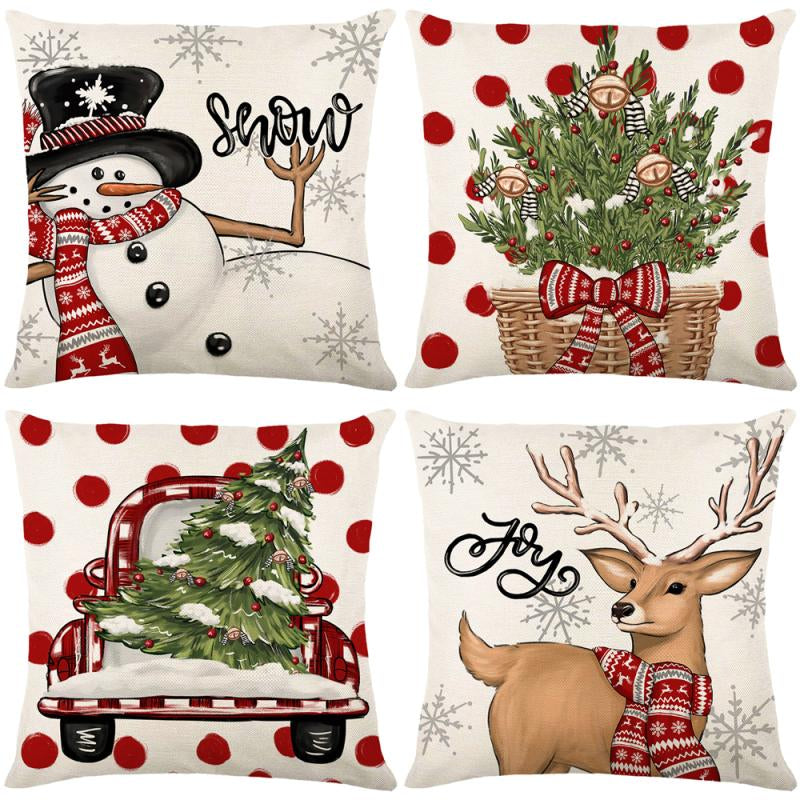 4Pcs Set of 18X18 Inch Christmas Throw Pillow Covers, Winter Holiday Cushion Case Decoration, Snowman&Christmas Tree Designs, Zipperclosure,Linen,Merry Christmas Decor 2025 for Home, Couch, Sofa, Living Room – No Inserts Included