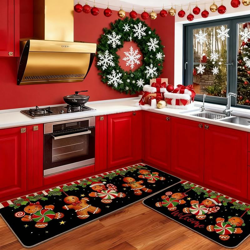 2 Counts Christmas Kitchen Rug Set, Santa Gingerbread Man Christmas Tree Dwarf Gnomes Pattern, Non-Slip Soft Low Height, Holiday Party Floor Mat Home Decor, Home Decor Rugs