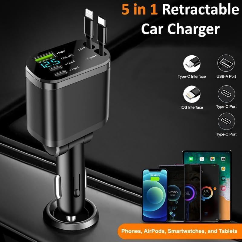 5-In-1 Retractable Car Charger, 69W Fast Charging, with 2X Retractable Cords [Lightning + Type-C], 2 Type-C Ports, and 1 Type-A Port