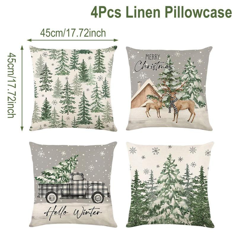 4Pcs Set of 18X18 Inch Christmas Throw Pillow Covers, Winter Holiday Cushion Case Decoration, Snowman&Christmas Tree Designs, Zipperclosure,Linen,Merry Christmas Decor 2025 for Home, Couch, Sofa, Living Room – No Inserts Included
