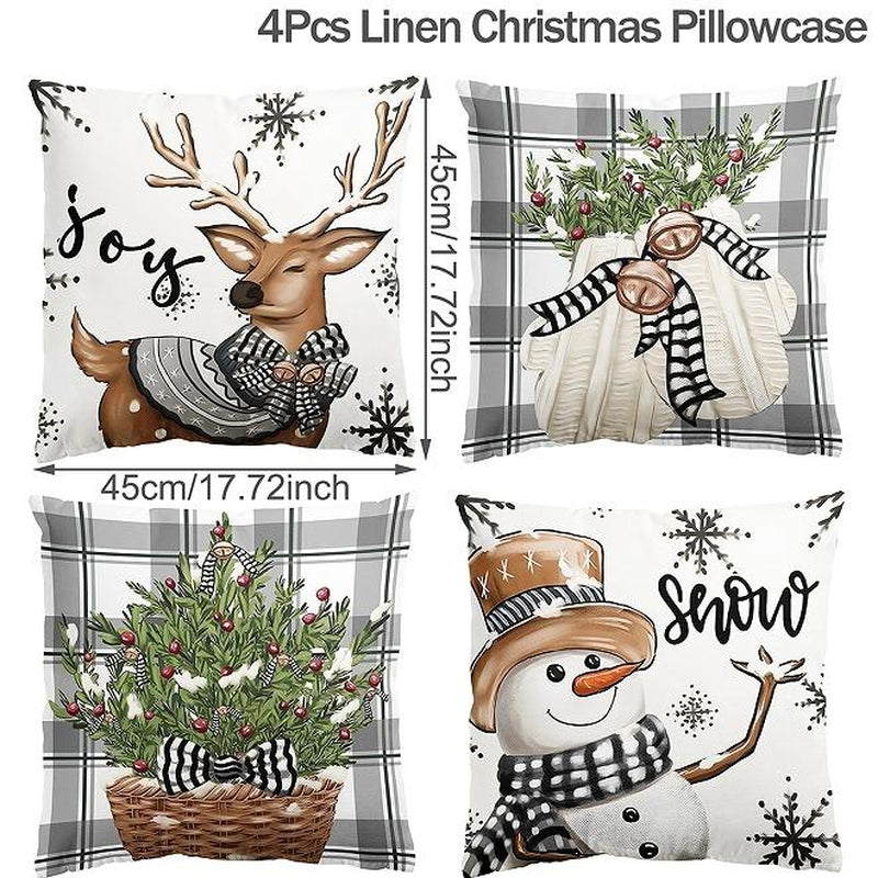 4Pcs Set of 18X18 Inch Christmas Throw Pillow Covers, Winter Holiday Cushion Case Decoration, Snowman&Christmas Tree Designs, Zipperclosure,Linen,Merry Christmas Decor 2025 for Home, Couch, Sofa, Living Room – No Inserts Included