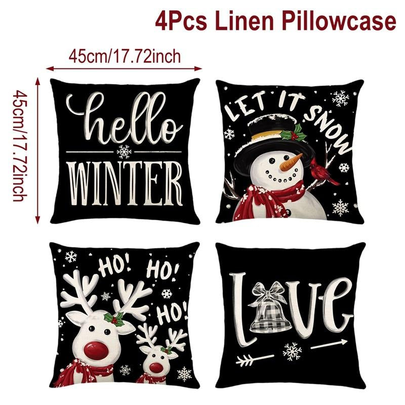 4Pcs Set of 18X18 Inch Christmas Throw Pillow Covers, Winter Holiday Cushion Case Decoration, Snowman&Christmas Tree Designs, Zipperclosure,Linen,Merry Christmas Decor 2025 for Home, Couch, Sofa, Living Room – No Inserts Included