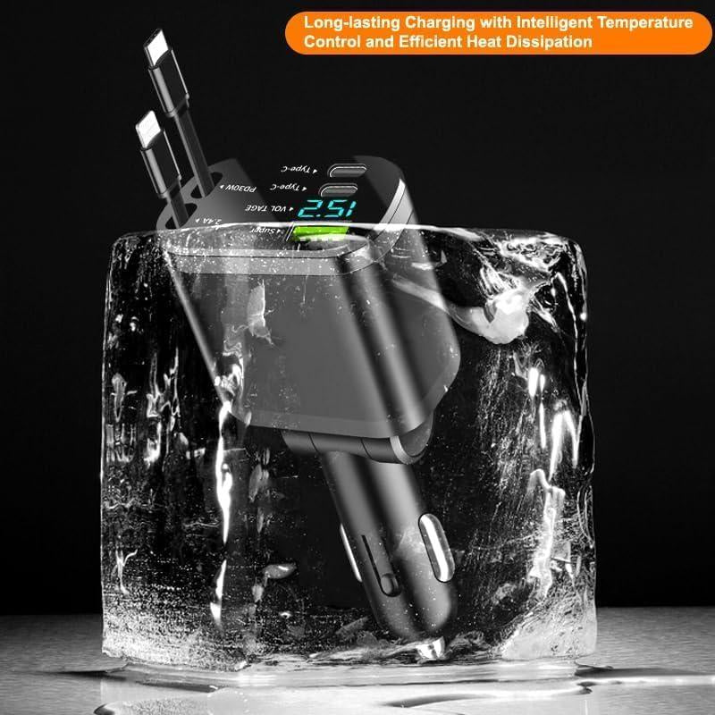 5-In-1 Retractable Car Charger, 69W Fast Charging, with 2X Retractable Cords [Lightning + Type-C], 2 Type-C Ports, and 1 Type-A Port