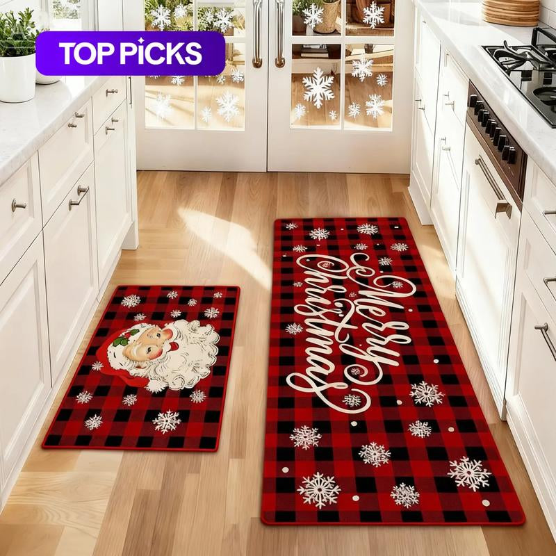 2 Counts Christmas Kitchen Rug Set, Santa Gingerbread Man Christmas Tree Dwarf Gnomes Pattern, Non-Slip Soft Low Height, Holiday Party Floor Mat Home Decor, Home Decor Rugs