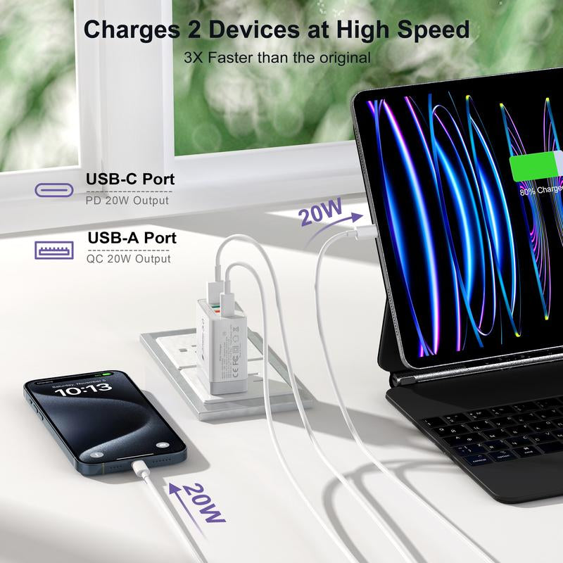 3 Pack USB C Wall Charger Block, 4Port PD+QC Fast Charge Power Adapter, Type C Charging Brick Cube Plug for Iphone 16 12 13 14 15 Pro Max Plus, XS/XR/X, Ipad/Airpods Pro, Samsung, Google, Tablet, Android(White)