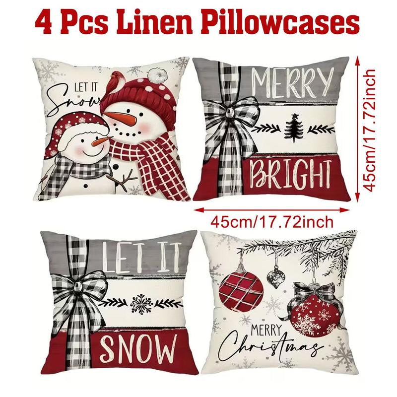 4Pcs Set of 18X18 Inch Christmas Throw Pillow Covers, Winter Holiday Cushion Case Decoration, Snowman&Christmas Tree Designs, Zipperclosure,Linen,Merry Christmas Decor 2025 for Home, Couch, Sofa, Living Room – No Inserts Included