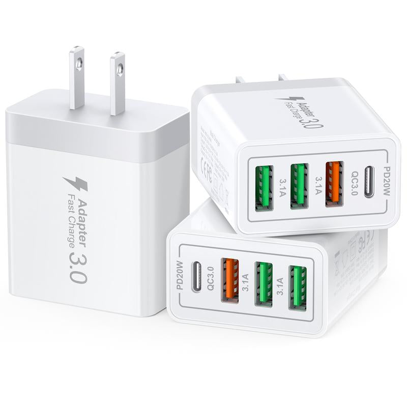 3 Pack USB C Wall Charger Block, 4Port PD+QC Fast Charge Power Adapter, Type C Charging Brick Cube Plug for Iphone 16 12 13 14 15 Pro Max Plus, XS/XR/X, Ipad/Airpods Pro, Samsung, Google, Tablet, Android(White)