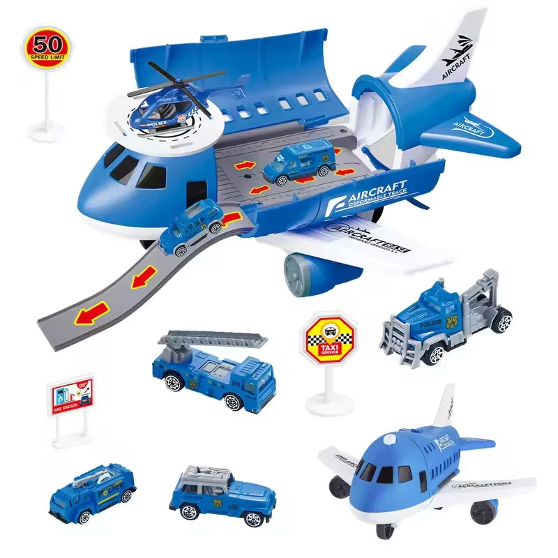 Children'S Airplane Car Model Toys Inertial Model Simulation Planes Multifunctional Toys,Random 3 Cars,1 Helicopter,6 Road Signs