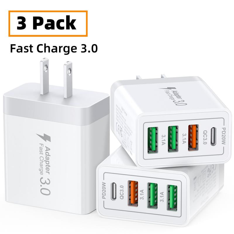3 Pack USB C Wall Charger Block, 4Port PD+QC Fast Charge Power Adapter, Type C Charging Brick Cube Plug for Iphone 16 12 13 14 15 Pro Max Plus, XS/XR/X, Ipad/Airpods Pro, Samsung, Google, Tablet, Android(White)