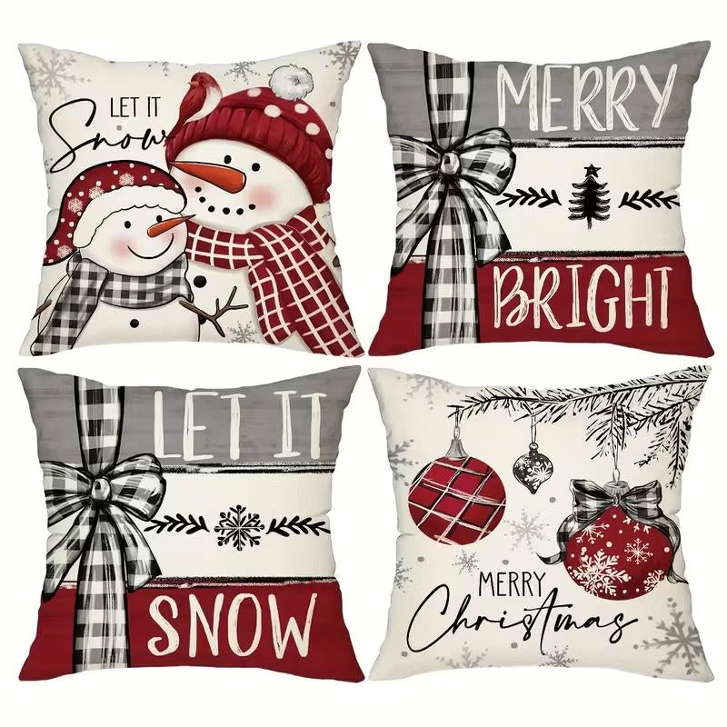4Pcs Set of 18X18 Inch Christmas Throw Pillow Covers, Winter Holiday Cushion Case Decoration, Snowman&Christmas Tree Designs, Zipperclosure,Linen,Merry Christmas Decor 2025 for Home, Couch, Sofa, Living Room – No Inserts Included
