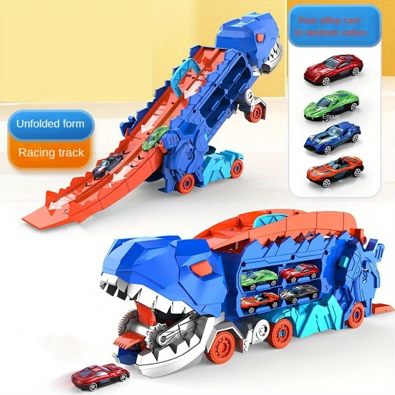 The Transport Dinosaur Truck Folds and Slides 25 Inches onto the Track, Turning Four Alloy Buggies into Standing Tyrannosaurus