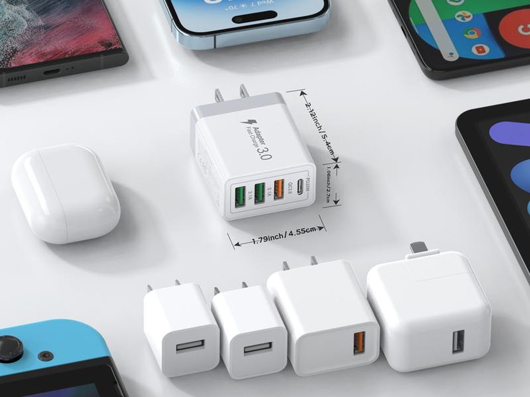 3 Pack USB C Wall Charger Block, 4Port PD+QC Fast Charge Power Adapter, Type C Charging Brick Cube Plug for Iphone 16 12 13 14 15 Pro Max Plus, XS/XR/X, Ipad/Airpods Pro, Samsung, Google, Tablet, Android(White)
