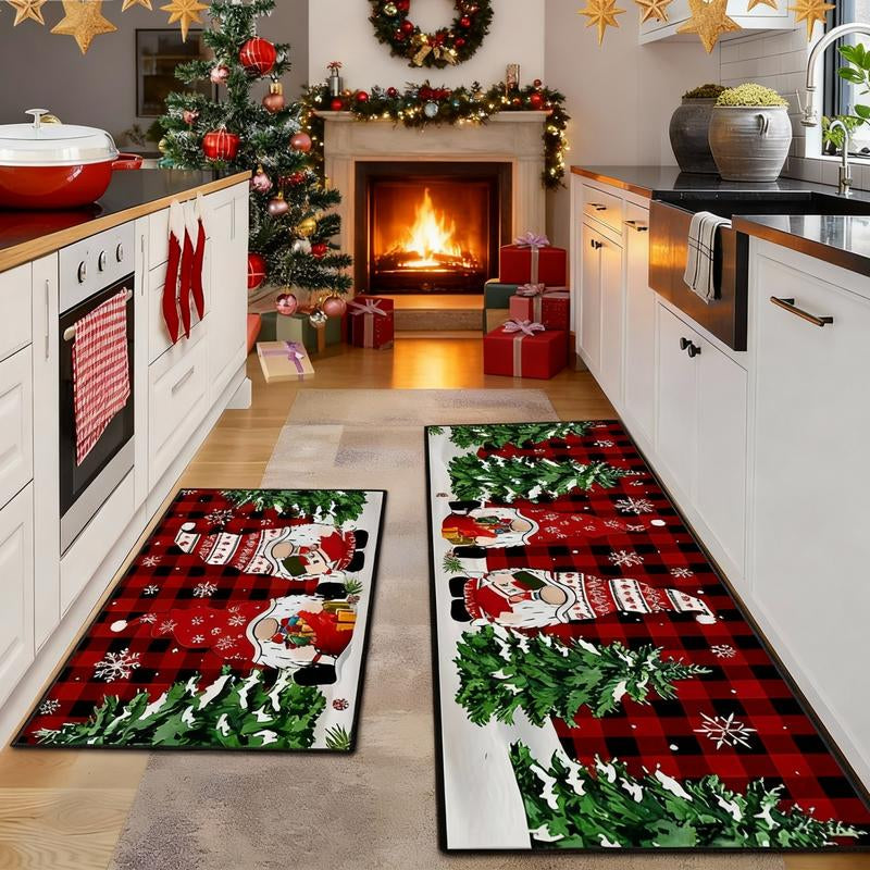 2 Counts Christmas Kitchen Rug Set, Santa Gingerbread Man Christmas Tree Dwarf Gnomes Pattern, Non-Slip Soft Low Height, Holiday Party Floor Mat Home Decor, Home Decor Rugs