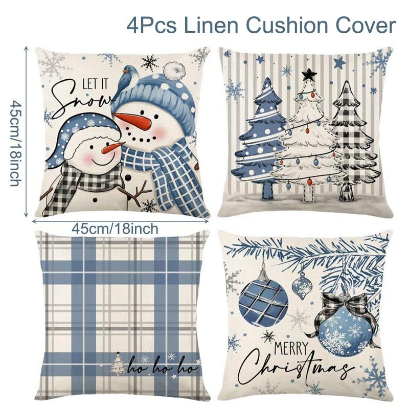 4Pcs Set of 18X18 Inch Christmas Throw Pillow Covers, Winter Holiday Cushion Case Decoration, Snowman&Christmas Tree Designs, Zipperclosure,Linen,Merry Christmas Decor 2025 for Home, Couch, Sofa, Living Room – No Inserts Included